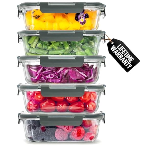 5 Piece Large Glass Tupperware Container Set with Lids - Premium BPA Free Borosilicate Glass Food Storage Containers - Leak-Proof Meal Prep - Microwave Freezer Oven Safe - Gray