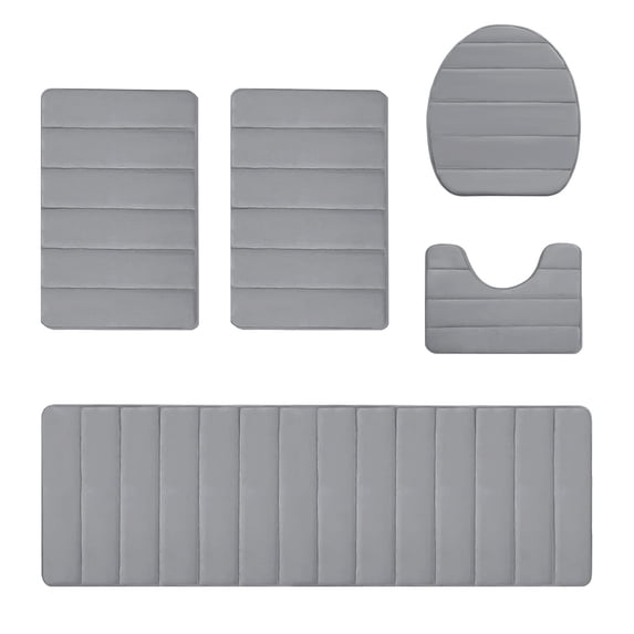 5-Piece Large Size Bathroom Rug Collection Plush Velvet Fleece with Latex Non-Slip Dots Classic Stripe Pattern Gray Bath Mats Set