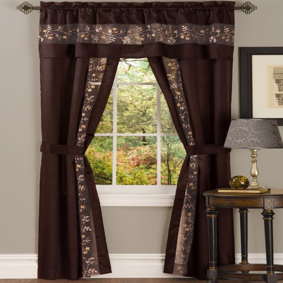 5-Piece Light Filtering Floral Semi-Sheer Window Curtain Set - Includes Split Panels, Valance and Tiebacks: 55" x 63", Rod Pocket Curtain, Brown