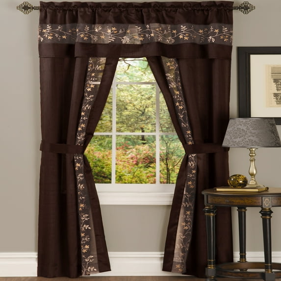 5-Piece Light Filtering Floral Semi-Sheer Window Curtain Set - Includes Split Panels, Valance and Tiebacks: 55" x 63", Rod Pocket Curtain, Brown