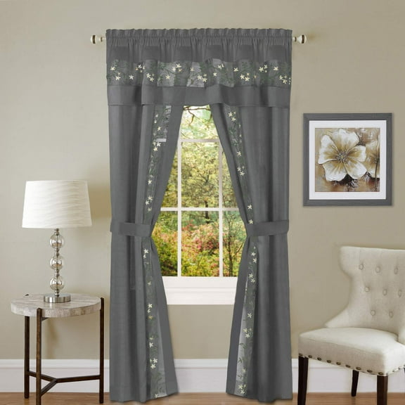 5-Piece Light Filtering Floral Semi-Sheer Window Curtain Set - Includes Split Panels, Valance and Tiebacks: 55" x 63", Rod Pocket Curtain, Gray