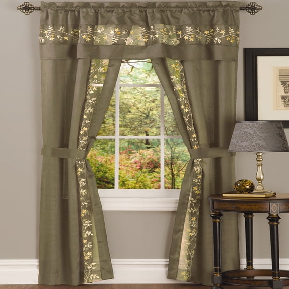 5-Piece Light Filtering Floral Semi-Sheer Window Curtain Set - Includes Split Panels, Valance and Tiebacks: 55" x 63", Rod Pocket Curtain, Taupe
