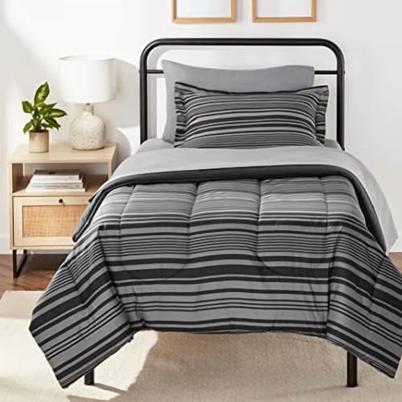 5-Piece Lightweight Microfiber Comforter Set with Sheets ,Bed-in-a-Bag Sheets, Gray Calvin Striped Bedding, Twin/Twin XL