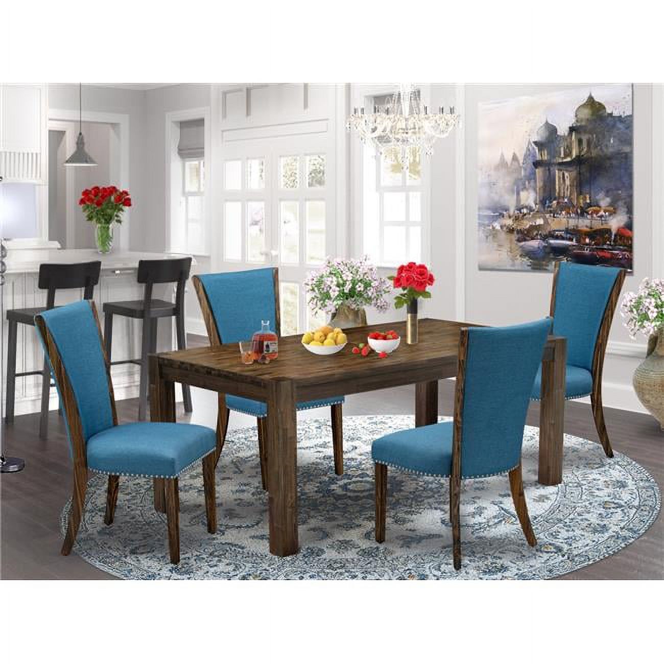 5 Piece Lismore Dining Table Set Distressed Jacobean & Blue