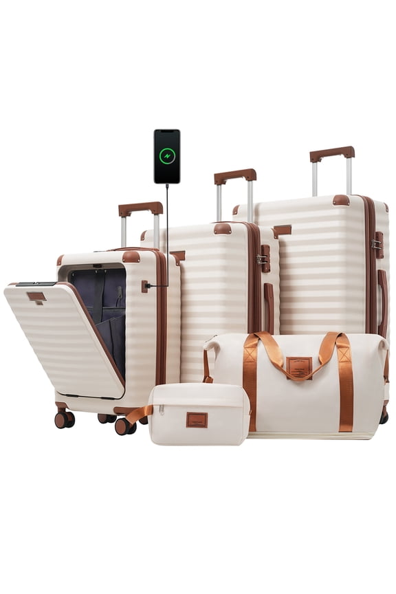 5-Piece Luggage Set with Front-Opening Hardside Expandable Suitcases, TSA Lock, USB Port, Spinner Wheels, Cup Holder, Duffel & Toiletry Bag – Ideal for Travel
