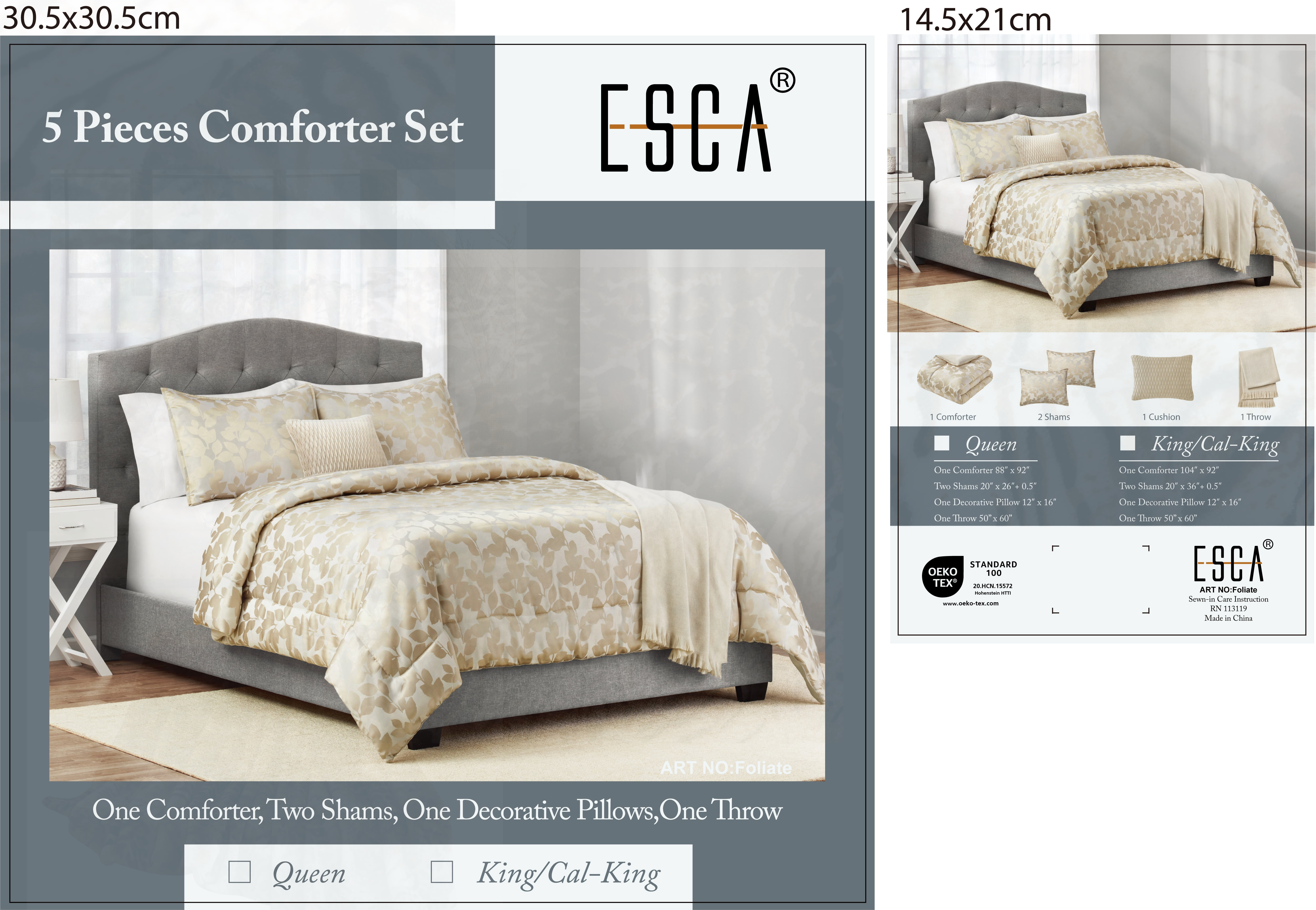 5-Piece Lux Jacquard Comforter Set in Beige & Gold, Queen