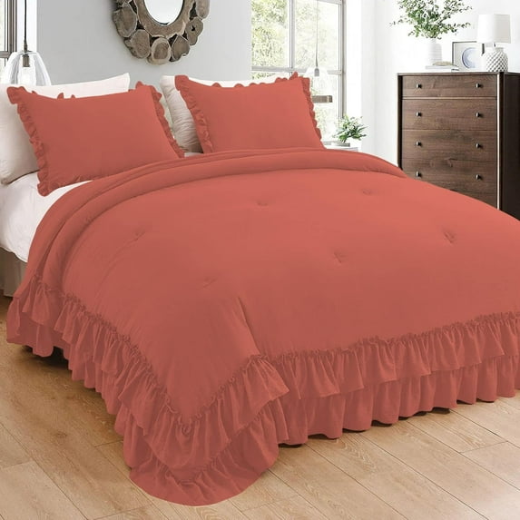 5 Piece Luxury 5 Inch Two Layer Ruffle Comforter 550 GSM All Season (Full/Queen Size) Premium Super Soft - 800 TC, 100% Egyptian Cotton- Solid Brick Red Colour