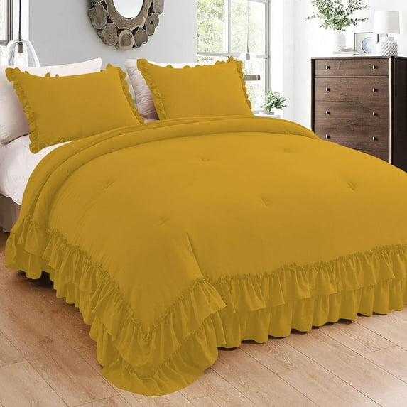 5 Piece Luxury 5 Inch Two Layer Ruffle Comforter 550 GSM All Season (King/Cal King Size) Premium Super Soft - 800 TC, 100% Egyptian Cotton- Solid Gold Colour