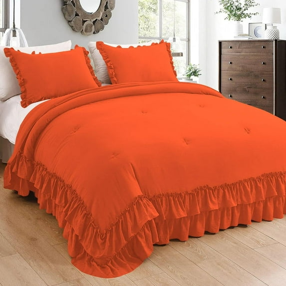5 Piece Luxury 5 Inch Two Layer Ruffle Comforter 550 GSM All Season (Oversized King Size) Premium Super Soft - 800 TC, 100% Egyptian Cotton- Solid Orange Colour