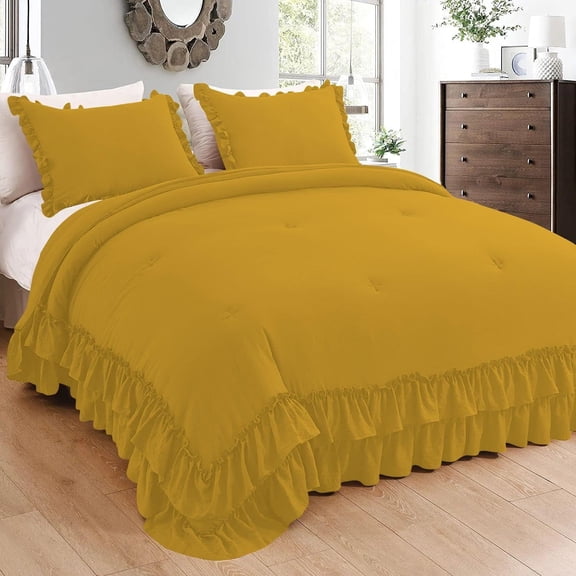 5 Piece Luxury 5 Inch Two Layer Ruffle Comforter 550 GSM All Season (Oversized Queen Size) Premium Super Soft - 800 TC, 100% Egyptian Cotton- Solid Gold Colour