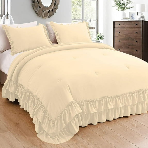5 Piece Luxury 5 Inch Two Layer Ruffle Comforter 550 GSM All Season (Oversized Queen Size) Premium Super Soft - 800 TC, 100% Egyptian Cotton- Solid Ivory Colour