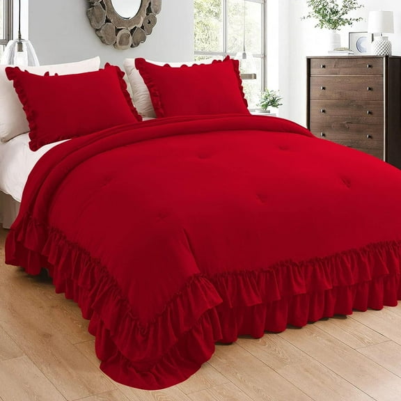 5 Piece Luxury 5 Inch Two Layer Ruffle Comforter 550 GSM All Season (Oversized Queen Size) Premium Super Soft - 800 TC, 100% Egyptian Cotton- Solid Red Colour