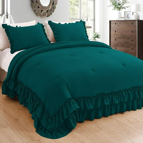 5 Piece Luxury 5 Inch Two Layer Ruffle Comforter 550 GSM All Season (Oversized Queen Size) Premium Super Soft - 800 TC, 100% Egyptian Cotton- Solid Teal Colour