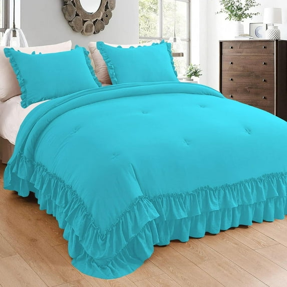 5 Piece Luxury 5 Inch Two Layer Ruffle Comforter 550 GSM All Season (Oversized Queen Size) Premium Super Soft - 800 TC, 100% Egyptian Cotton- Solid Turquoise Blue Colour