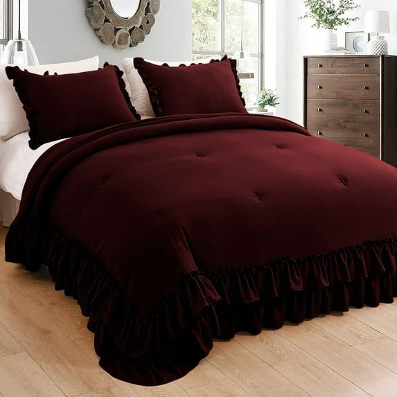 5 Piece Luxury 5 Inch Two Layer Ruffle Comforter 550 GSM All Season (Oversized Queen Size) Premium Super Soft - 800 TC, 100% Egyptian Cotton- Solid Wine Colour