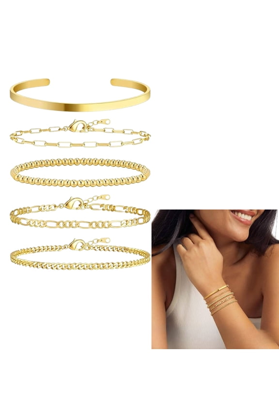 5-Piece Luxury Gold Bracelet Stack, 14K Gold Plated Beaded & Link Charm Set, Adjustable Cuff Bangle Pack, Trendy Layered Jewelry for Women