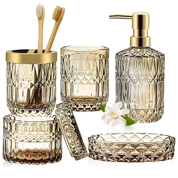 Gold Glass Bathroom Accessory Set  5-Piece Modern Vanity Organizer with Soap Dispenser, Toothbrush Holder, Tumbler, Soap Dish & Cotton Jar