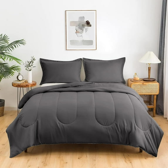 5 Piece Luxury Thicker Pattern Comforter Set, 800 TC, 100% Egyptian Cotton, Full/Queen Size Dark Grey Solid Color