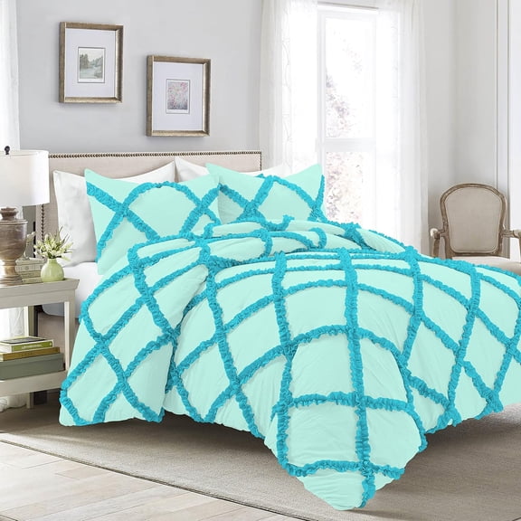 5 Piece Luxury Two Tone Diamond Ruffle Pattern Comforter Set Super Soft, All Season 800 Thread Count, 100% Egyptian Cotton, Oversized Super King Size Aqua Blue-Turquoise Blue Color