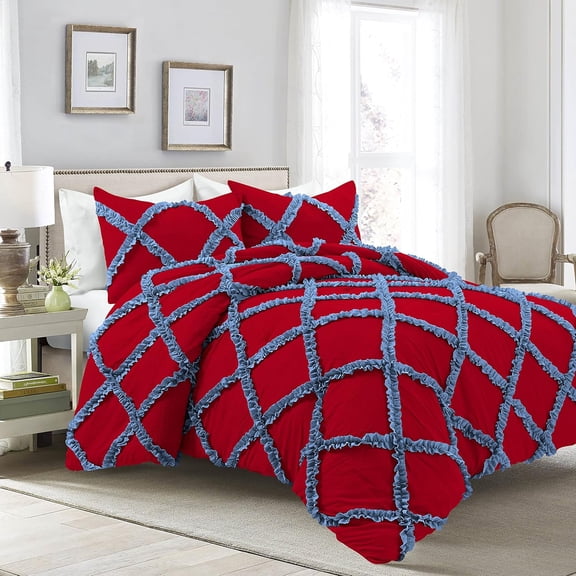5 Piece Luxury Two Tone Diamond Ruffle Pattern Comforter Set Super Soft, All Season 800 Thread Count, 100% Egyptian Cotton, Oversized Super King Size Medium Blue/Red Solid Color