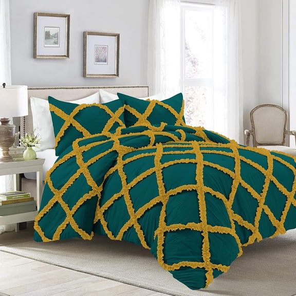 5 Piece Luxury Two Tone Diamond Ruffle Pattern Comforter Set Super Soft, All Season 800 Thread Count, 100% Egyptian Cotton, Twin/Twin XL Size Teal-Gold Color
