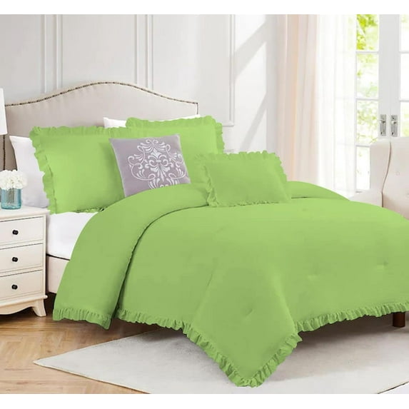 5 Piece Luxury Vintage Ruffle Pattern Comforter By D.N.G. BEDDINGS Set Premium Super Soft, All Season, 800 Thread Count 100% Egyptian Cotton Full/Queen Size Sage Color