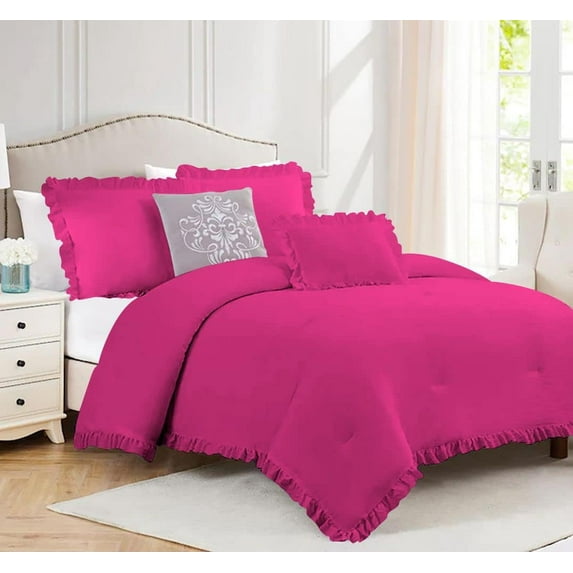 5 Piece Luxury Vintage Ruffle Pattern Comforter By D.N.G. BEDDINGS Set Premium Super Soft, All Season, 800 Thread Count 100% Egyptian Cotton Oversized Super King Size Hot Pink Color