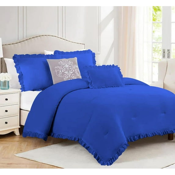 5 Piece Luxury Vintage Ruffle Pattern Comforter By D.N.G. BEDDINGS Set Premium Super Soft, All Season, 800 Thread Count 100% Egyptian Cotton Oversized Super King Size Royal Blue Color