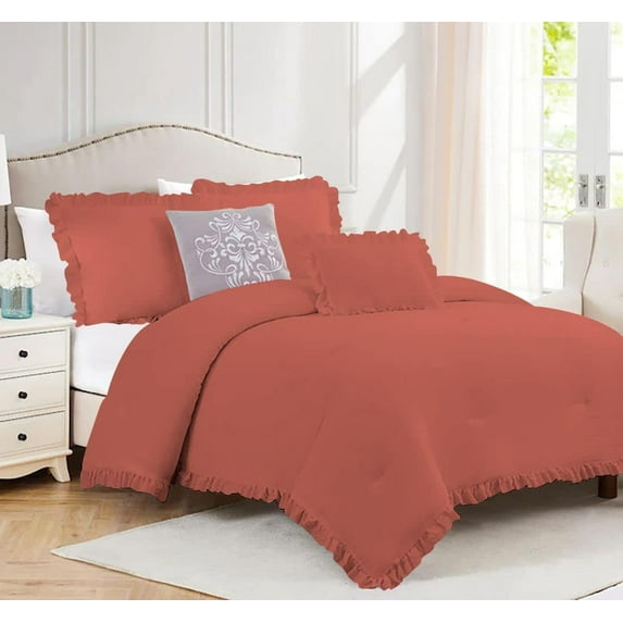 5 Piece Luxury Vintage Ruffle Pattern Comforter By D.N.G. BEDDINGS Set Premium Super Soft, All Season, 800 Thread Count 100% Egyptian Cotton Twin/Twin XL Size Brick Red Color