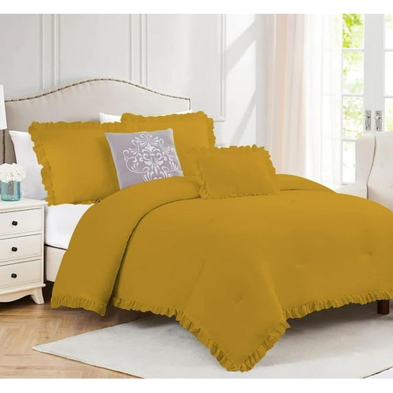 5 Piece Luxury Vintage Ruffle Pattern Comforter By D.N.G. BEDDINGS Set Premium Super Soft, All Season, 800 Thread Count 100% Egyptian Cotton Oversized Super King Size Gold Color