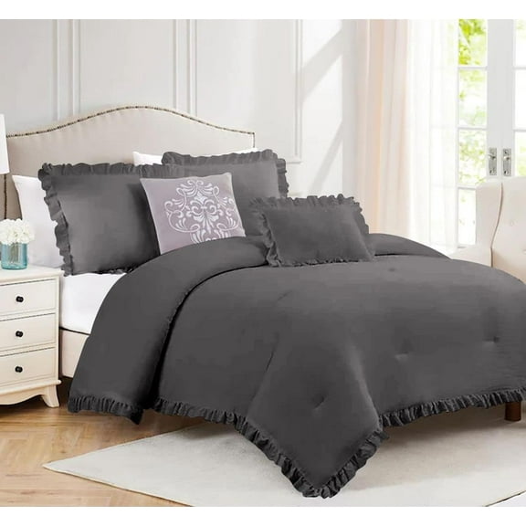 5 Piece Luxury Vintage Ruffle Pattern Comforter By D.N.G. BEDDINGS Set Premium Super Soft, All Season, 800 Thread Count 100% Egyptian Cotton Twin/Twin XL Size Dark Grey Color