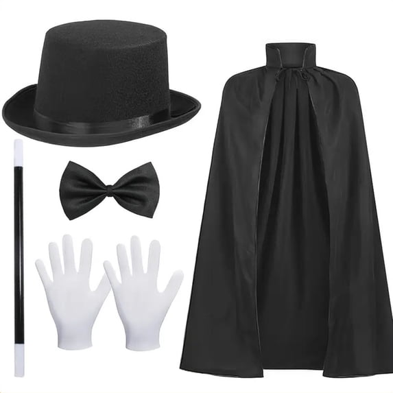 5-Piece Magician Set for Women Halloween Classic Illusionist Costume with Top Hat, Black Cape & White Gloves, Magic Wand and Bow Tie for Stage Performance B One Size