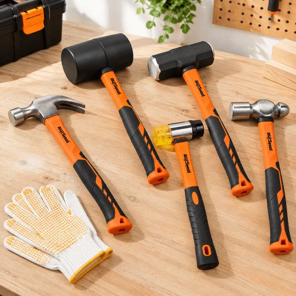 5-Piece Mallet Hammer Set with Work Gloves, 32oz Rubber, Double-Faced, Claw, Ball Peen, Sledge Hammers