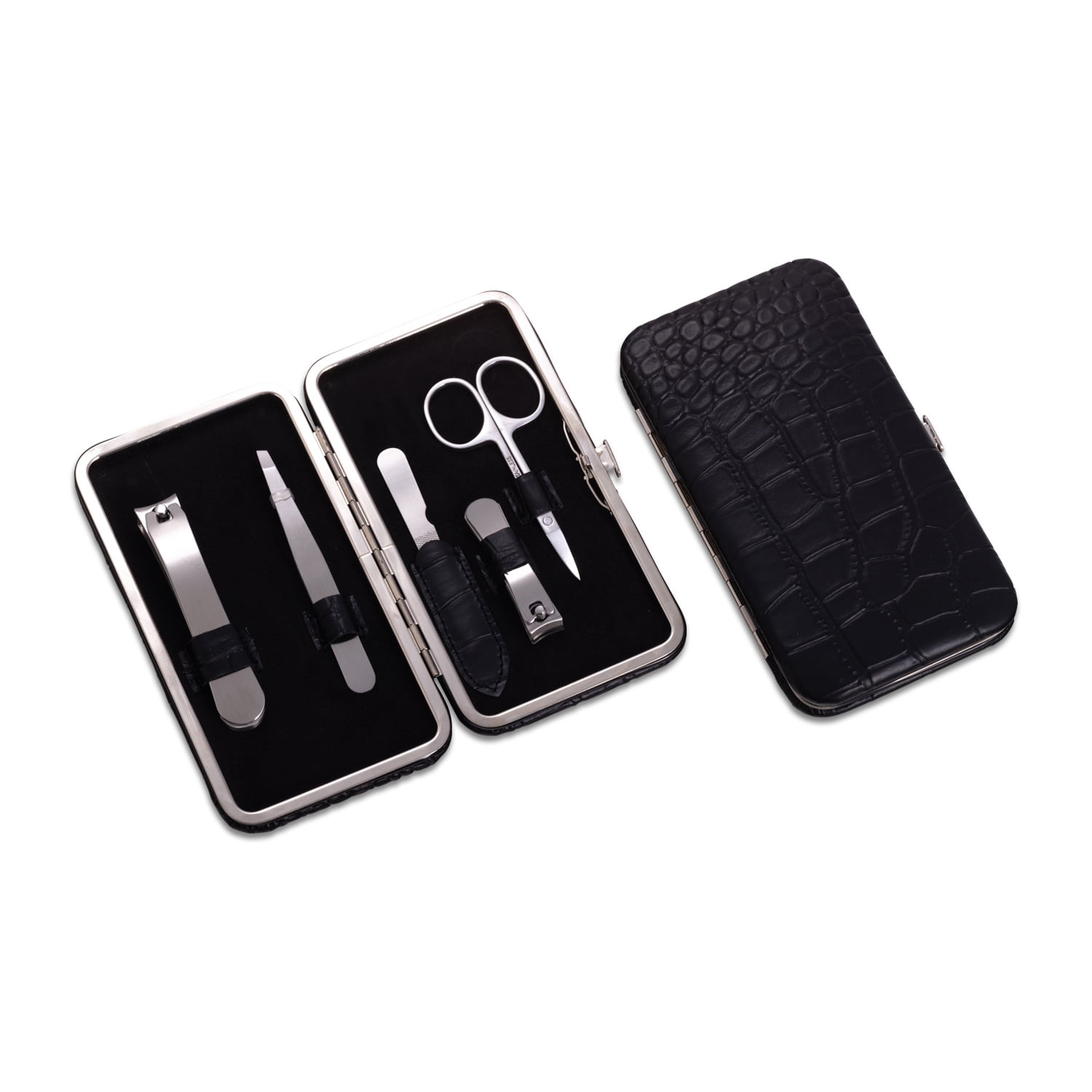 5 Piece Manicure Set with Small and Large Clippers, File, Tweezers and Scissors in Black Leather with Croco Pattern Case.