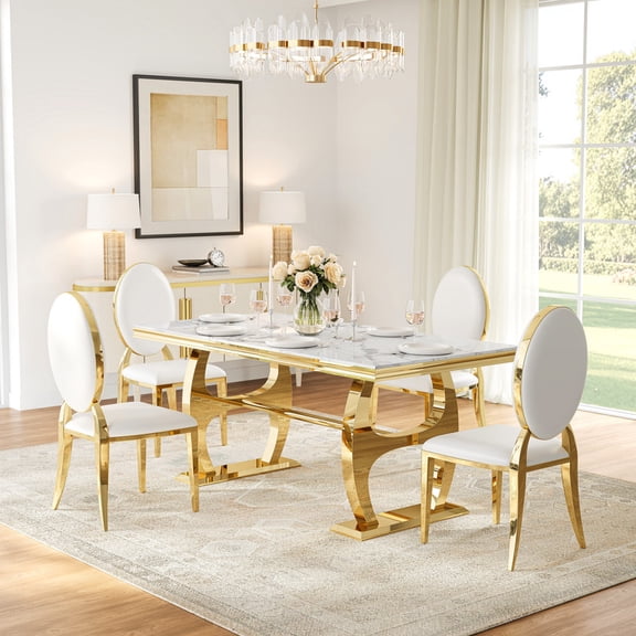 5-Piece Marble Dining Table Set, Faux Marble Table with Stainless Steel Base and 4 Round PU Leather Dining Chairs, Modern Kitchen & Dining Room