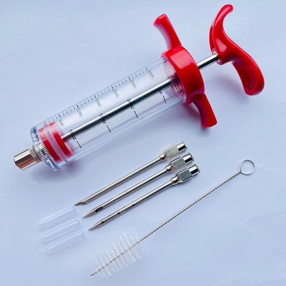 5-Piece Marinade Injection Syringe Set with Stainless Steel Needles for Meat Seasoning, Kitchen Cooking and Outdoor Barbecue, Includes Cleaning Tools