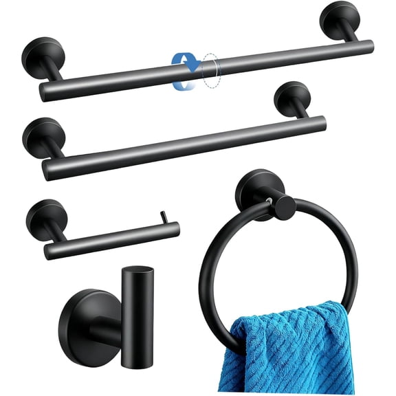 5-Piece Matte Black Bathroom Hardware Set - 5-in-1 Towel Rack Set, 23.6-inch SUS304 Stainless Steel Towel Bar and Toilet Paper Holder | Modern Black Bathroom Accessories (5, Matte Black)