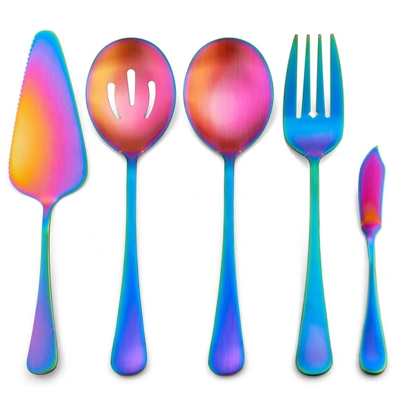 5-Piece Matte Rainbow Serving Utensils Set, Stainless Steel Serving Set Include Serving Spoon Fork, Flatware Serving Pieces