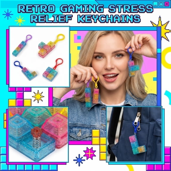 5-Piece Mechanical Switch Fidget Keychain, Retro Gaming Block Sparkly Colorful Stress Relief Button Toy, Clicky Sensory Charm for Bags and Backpacks