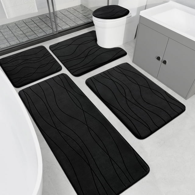 5 Piece Memory Foam Black Bathroom Rug Sets, Ultra Absorbent Bath Mat ...