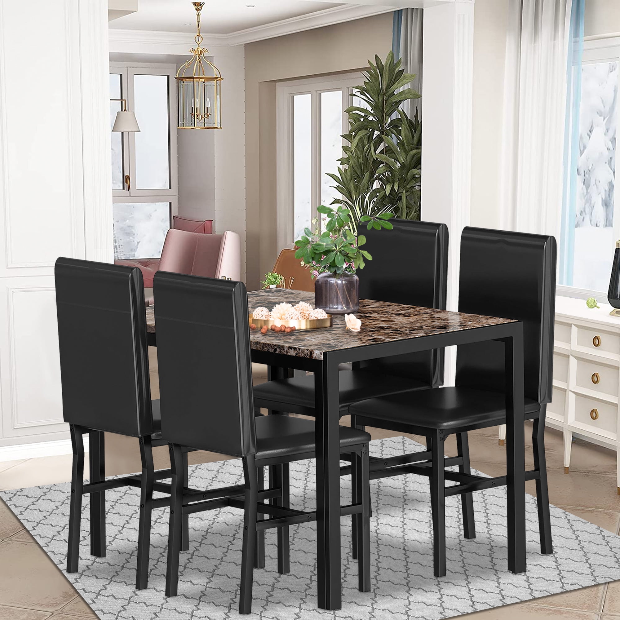 5 Piece Metal Kitchen Table Set for 4 Persons, Faux Marble Rectangular