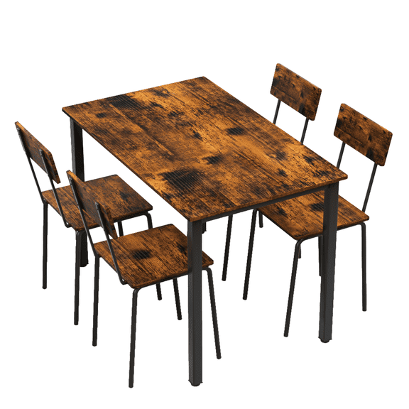 5-Piece Metal and Wood Indoor Modern Dining Table Set for 4, Dark Walnut Finish, Rectangular Table with Iron Frame Chairs