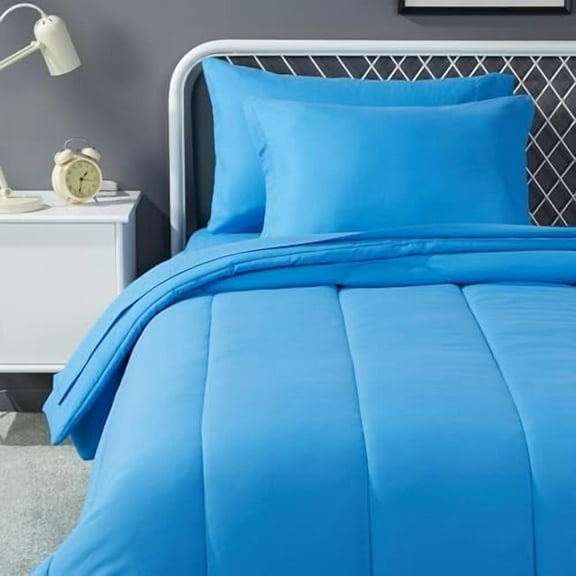 5 Piece Microfiber Kid's Bed-in-a-Bag Bedding Set, Twin, Blue, Solid