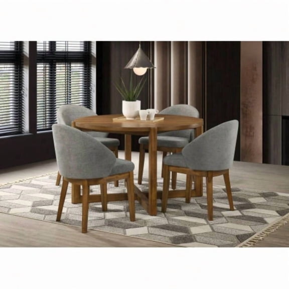 5-Piece Mid-Century Modern Dining Set, 47 Inch Walnut Round Table with 4 Gray Fabric Upholstered Chairs, for 4 Person Daily Use