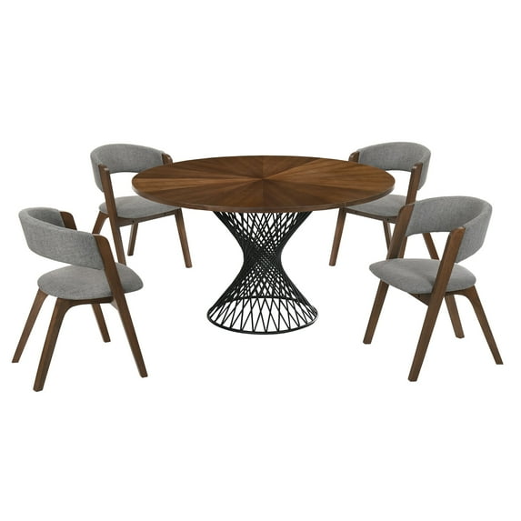 5 Piece Mid Century Modern Dining Table Set, Brown and Gray