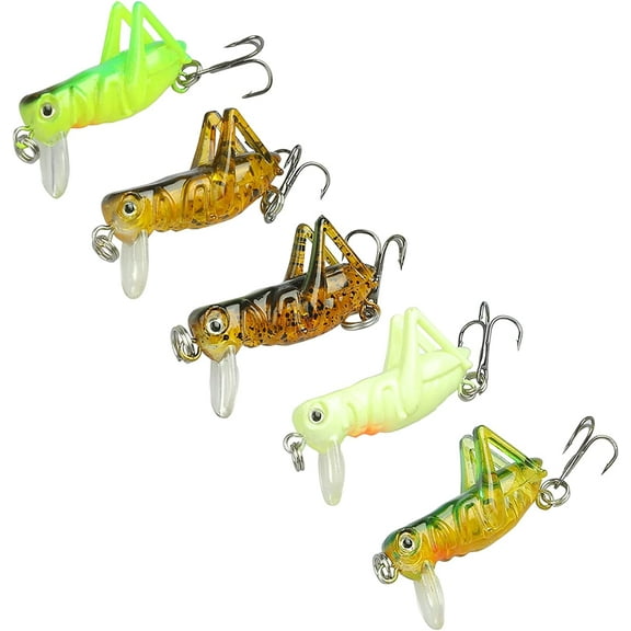 5-Piece Mini Fishing Lures Crankbait Bass Fishing Hard Baits Hooks Topwater, Catching Bluegill Crappie Perch Pike, Cricket Shape