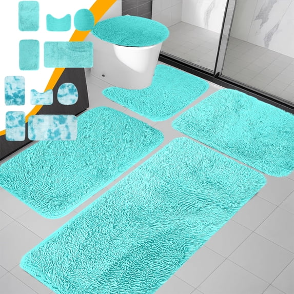 5-Piece Mixed Color Bath Mat Set | Soft Velvet Fleece Bathroom Rugs with Non-Slip Backing | Quick-Dry Water Absorbent Toilet Mats for Kids & Adults | Includes 5 Sizes