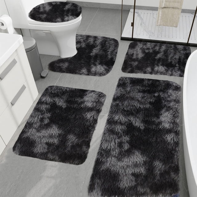 5-Piece Mixed Color Bathroom Rug Set, Non-Slip Plush Velvet Mats, Soft Water Absorbent Machine Washable, Includes Toilet Lid Cover, Modern Style for Bath, Shower