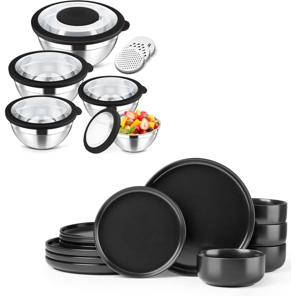 5-Piece Mixing Bowls with Lids,12 Pieces Modern Round Dinnerware, Black