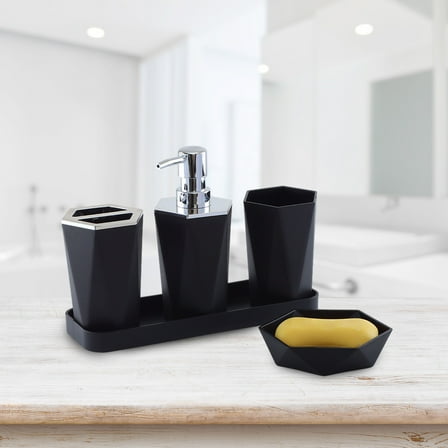 5-Piece Modern Bathroom Accessory Set | Soap Dispenser, Toothbrush Holder, Tumbler & Soap Dish | Plastic Countertop Organizer for Home, Hotel & Guest Bathroom